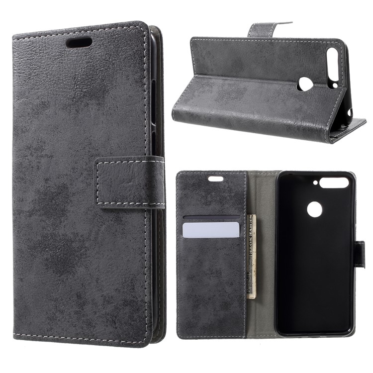 Vintage Style PU Leather Case for Huawei Enjoy 8E / Honor 7A Pro / Honor 7A (with Fingerprint Sensor) - Grey-1