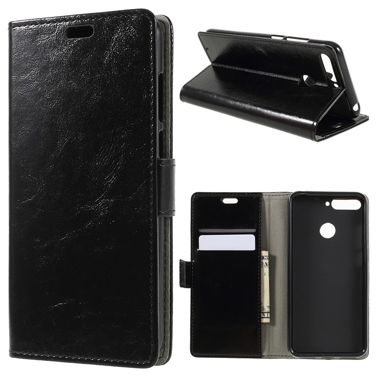 Crazy Horse Wallet Leather Stand Case for Huawei Honor 7A (with Fingerprint Sensor) / Enjoy 8E / Honor 7A Pro - Black-1