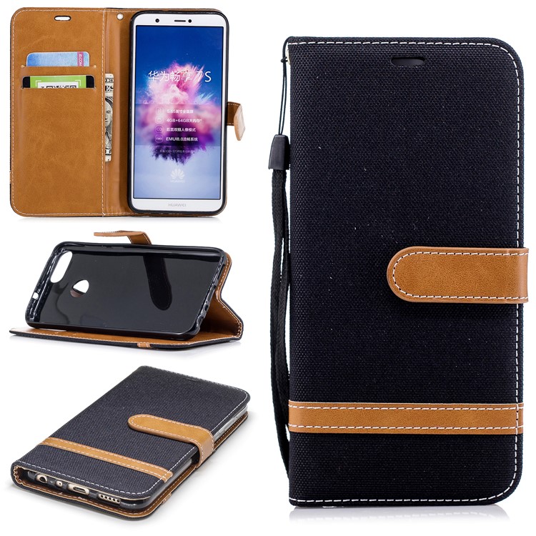 Jeans Stoff Textur Brieftasche Stehen Ledertasche Für Huawei P Smart / Genieße 7S - Schwarz-1