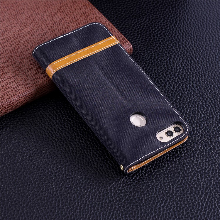 Jeans Stoff Textur Brieftasche Stehen Ledertasche Für Huawei P Smart / Genieße 7S - Schwarz-3