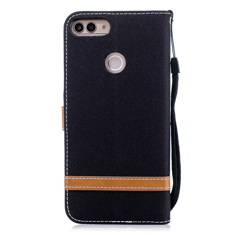 Jeans Stoff Textur Brieftasche Stehen Ledertasche Für Huawei P Smart / Genieße 7S - Schwarz-4