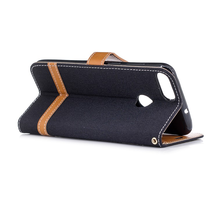Jeans Stoff Textur Brieftasche Stehen Ledertasche Für Huawei P Smart / Genieße 7S - Schwarz-5