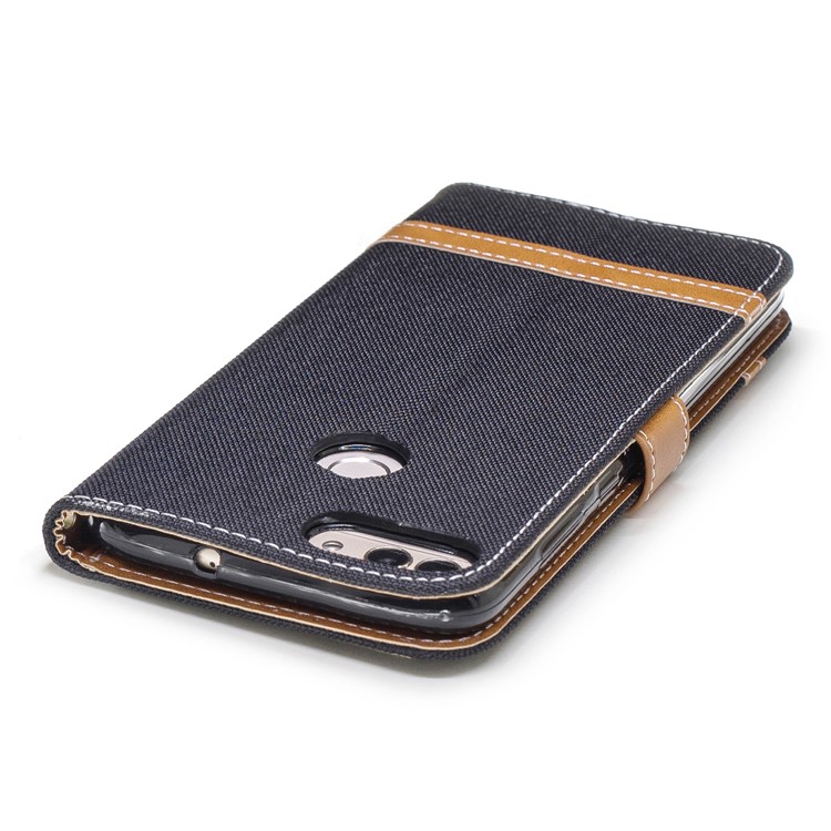 Jeans Stoff Textur Brieftasche Stehen Ledertasche Für Huawei P Smart / Genieße 7S - Schwarz-8