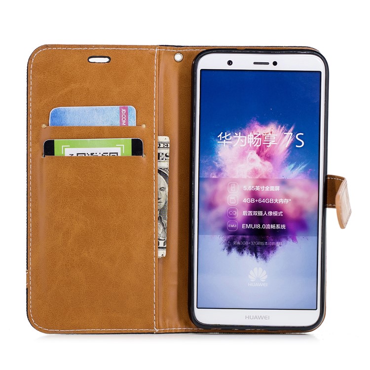 Jeans Stoff Textur Brieftasche Stehen Ledertasche Für Huawei P Smart / Genieße 7S - Schwarz-9