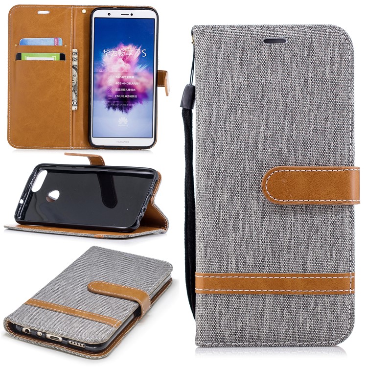 Jeans Cloth Texture Wallet Stand Leather Cover for Huawei P Smart / Enjoy 7S - Grey-1