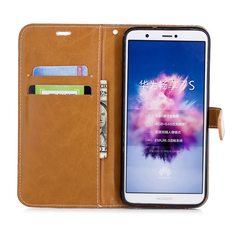 Jeans Cloth Texture Wallet Stand Leather Cover for Huawei P Smart / Enjoy 7S - Grey-10