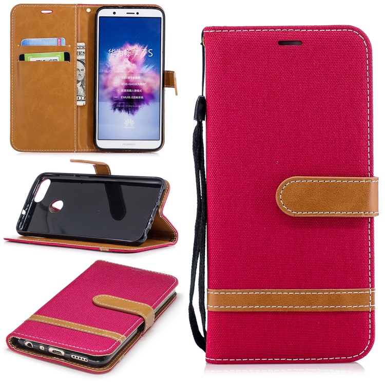 Jeans Cloth Texture Wallet Stand Leather Shell for Huawei P Smart / Enjoy 7S - Red-1