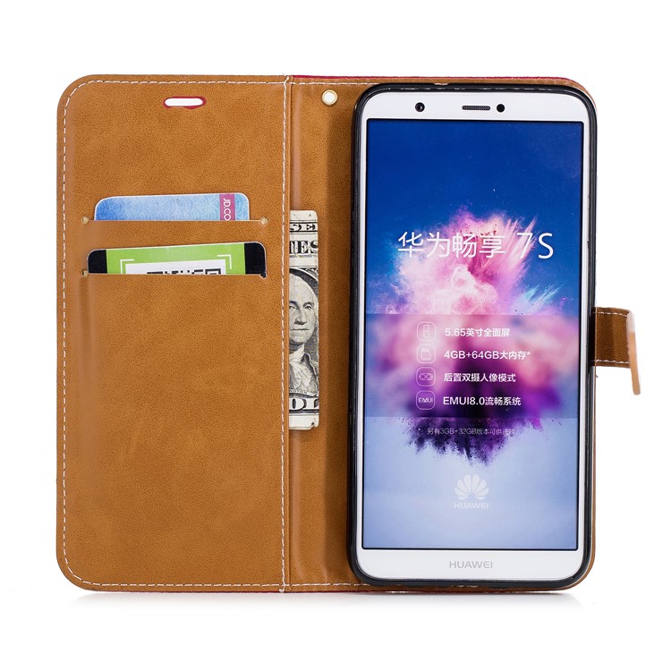 Jeans Cloth Texture Wallet Stand Leather Shell for Huawei P Smart / Enjoy 7S - Red-10