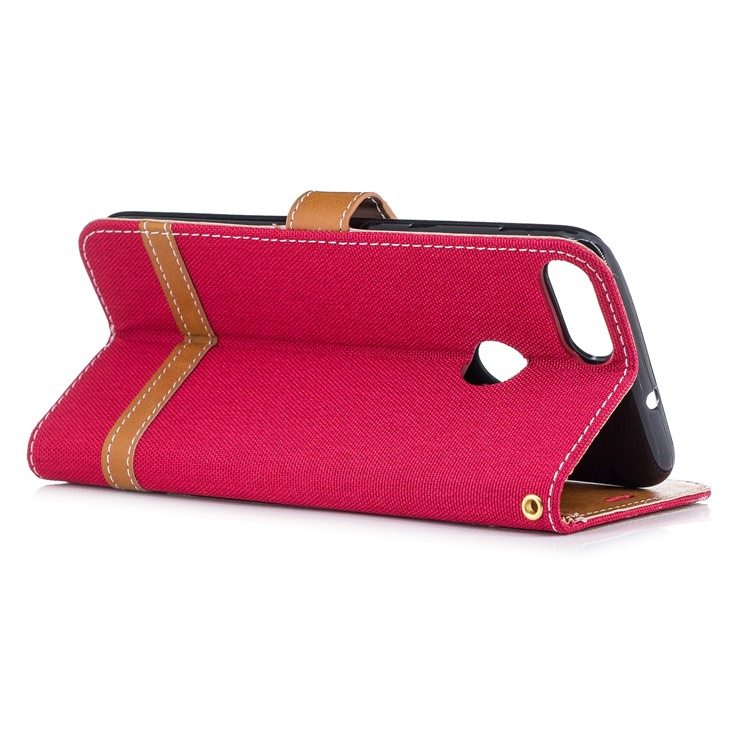 Jeans Cloth Texture Wallet Stand Leather Shell for Huawei P Smart / Enjoy 7S - Red-6