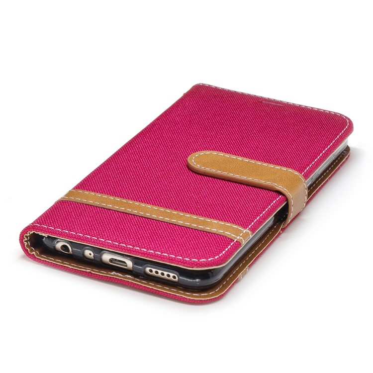 Jeans Cloth Texture Wallet Stand Leather Shell for Huawei P Smart / Enjoy 7S - Red-8