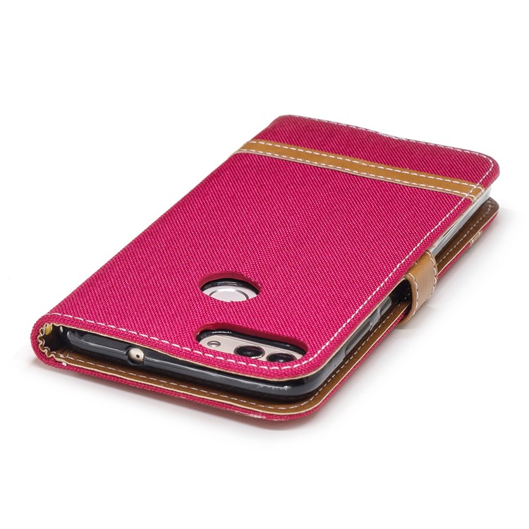Jeans Cloth Texture Wallet Stand Leather Shell for Huawei P Smart / Enjoy 7S - Red-9