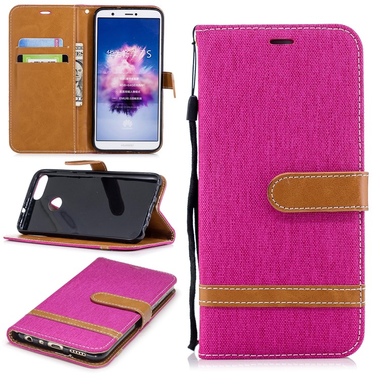 Jeans Cloth Texture Wallet Stand Leather Mobile Case for Huawei P Smart / Enjoy 7S - Rose-1
