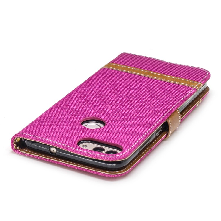 Jeans Cloth Texture Wallet Stand Leather Mobile Case for Huawei P Smart / Enjoy 7S - Rose-9