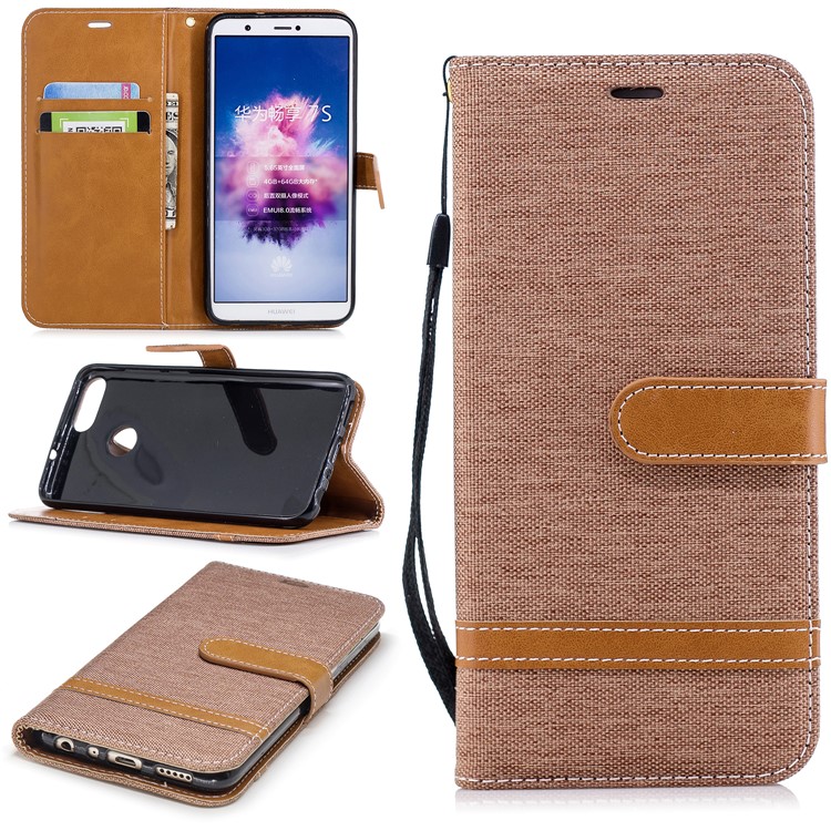 Jeans Cloth Texture Wallet Stand Leather Mobile Cover for Huawei P Smart / Enjoy 7S - Khaki-1