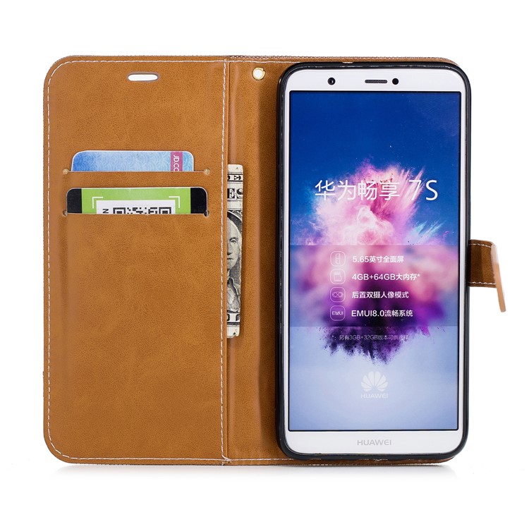 Jeans Cloth Texture Wallet Stand Leather Mobile Cover for Huawei P Smart / Enjoy 7S - Khaki-10