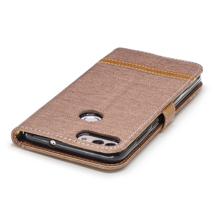 Jeans Cloth Texture Wallet Stand Leather Mobile Cover for Huawei P Smart / Enjoy 7S - Khaki-9