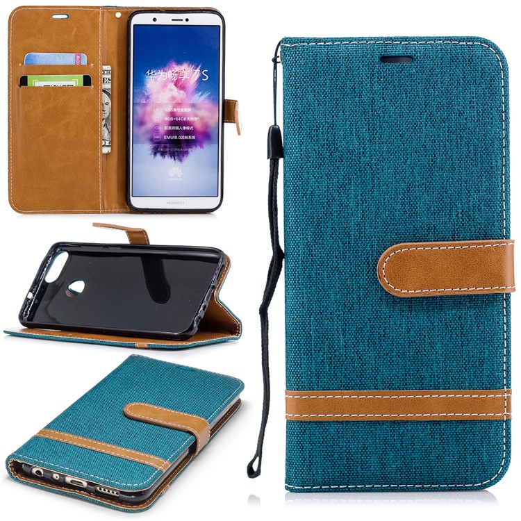 Jeans Cloth Texture Wallet Stand Leather Mobile Shell for Huawei P Smart / Enjoy 7S - Green-1
