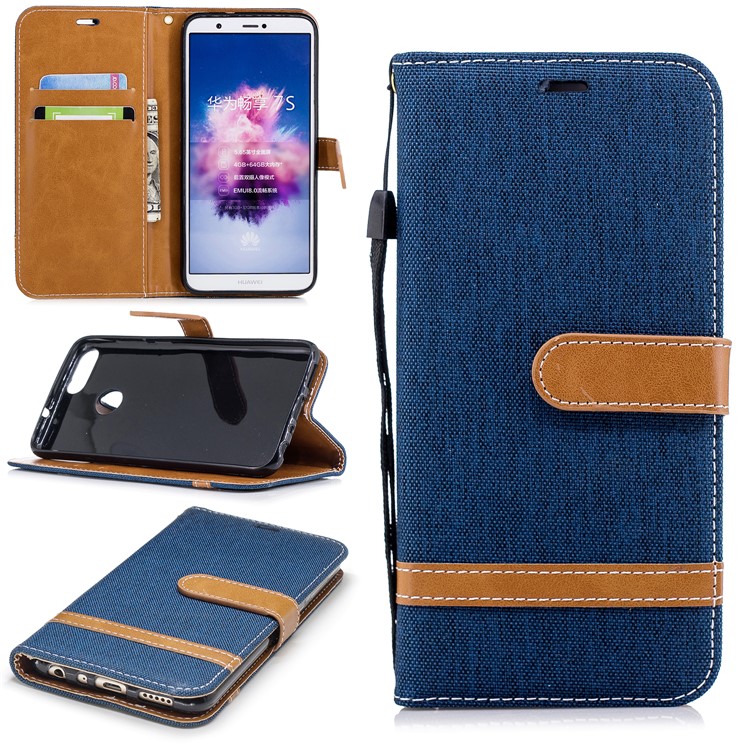 Jeans Cloth Texture Wallet Stand Leather Case Accessory for Huawei P Smart / Enjoy 7S - Dark Blue-1