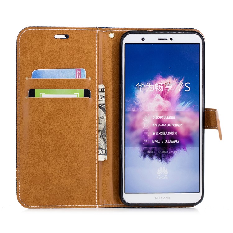 Jeans Cloth Texture Wallet Stand Leather Case Accessory for Huawei P Smart / Enjoy 7S - Dark Blue-10