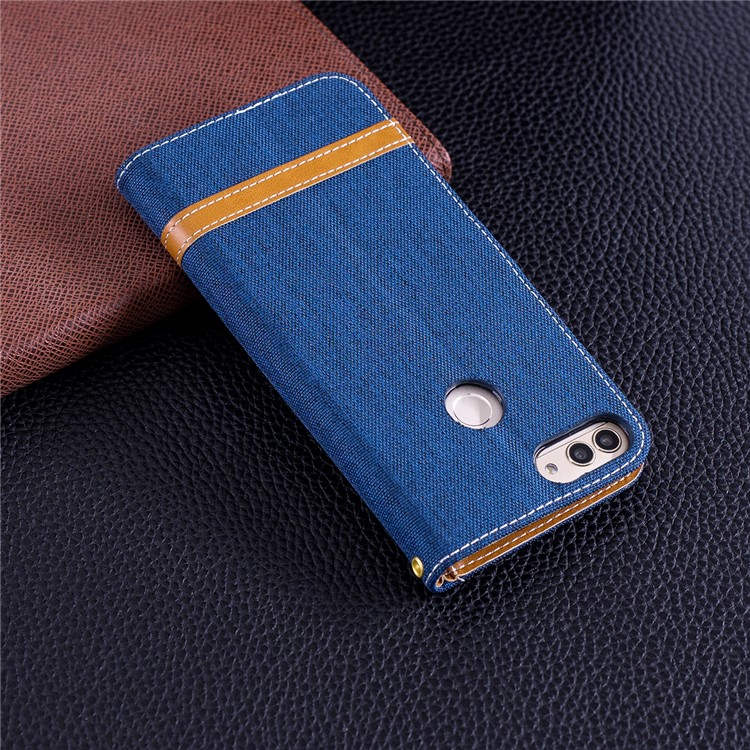 Jeans Cloth Texture Wallet Stand Leather Case Accessory for Huawei P Smart / Enjoy 7S - Dark Blue-3