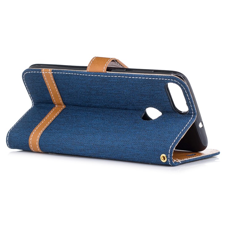 Jeans Cloth Texture Wallet Stand Leather Case Accessory for Huawei P Smart / Enjoy 7S - Dark Blue-6