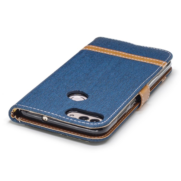 Jeans Cloth Texture Wallet Stand Leather Case Accessory for Huawei P Smart / Enjoy 7S - Dark Blue-9