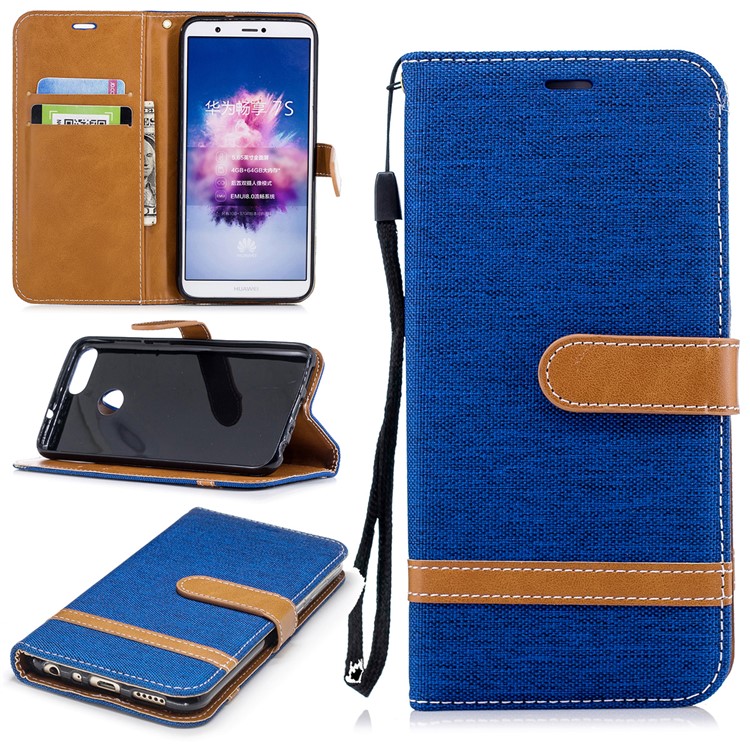 Jeans Cloth Texture Wallet Stand Leather Protector Case for Huawei P Smart / Enjoy 7S - Baby Blue-1