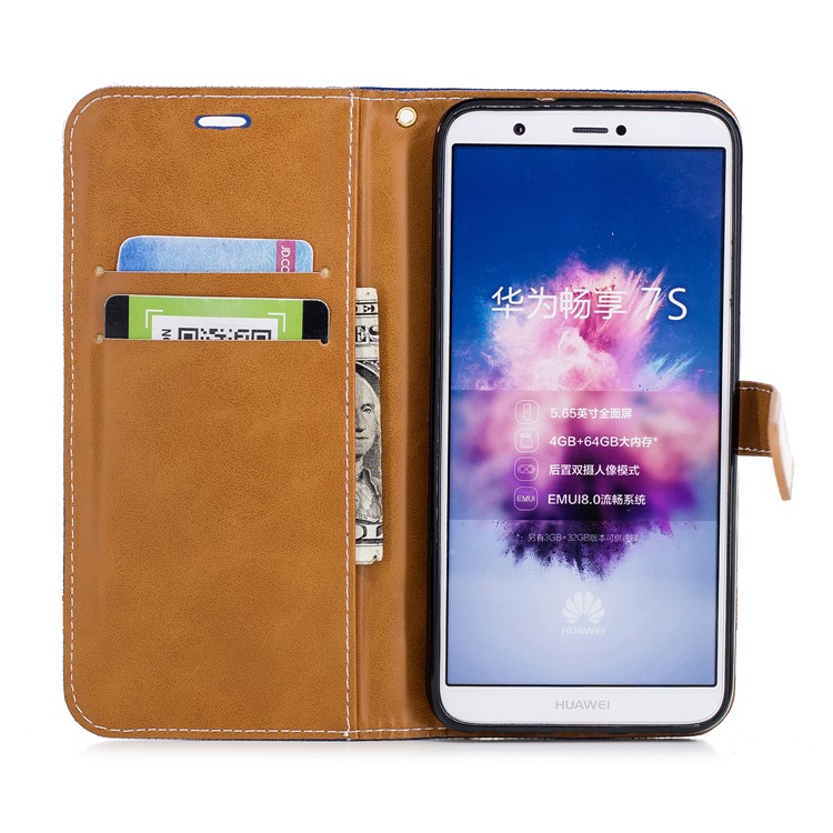 Jeans Cloth Texture Wallet Stand Leather Protector Case for Huawei P Smart / Enjoy 7S - Baby Blue-10