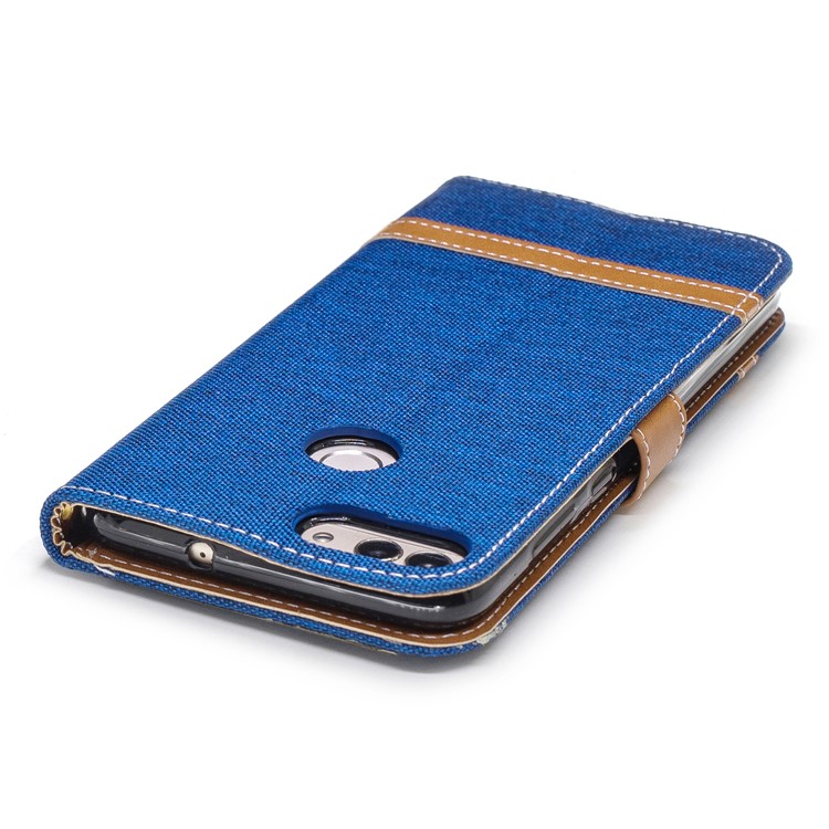 Jeans Cloth Texture Wallet Stand Leather Protector Case for Huawei P Smart / Enjoy 7S - Baby Blue-9