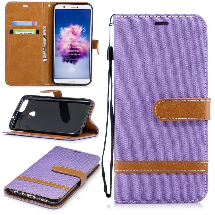 Jeans Cloth Texture Wallet Stand Leather Cover Case for Huawei P Smart / Enjoy 7S - Purple-1