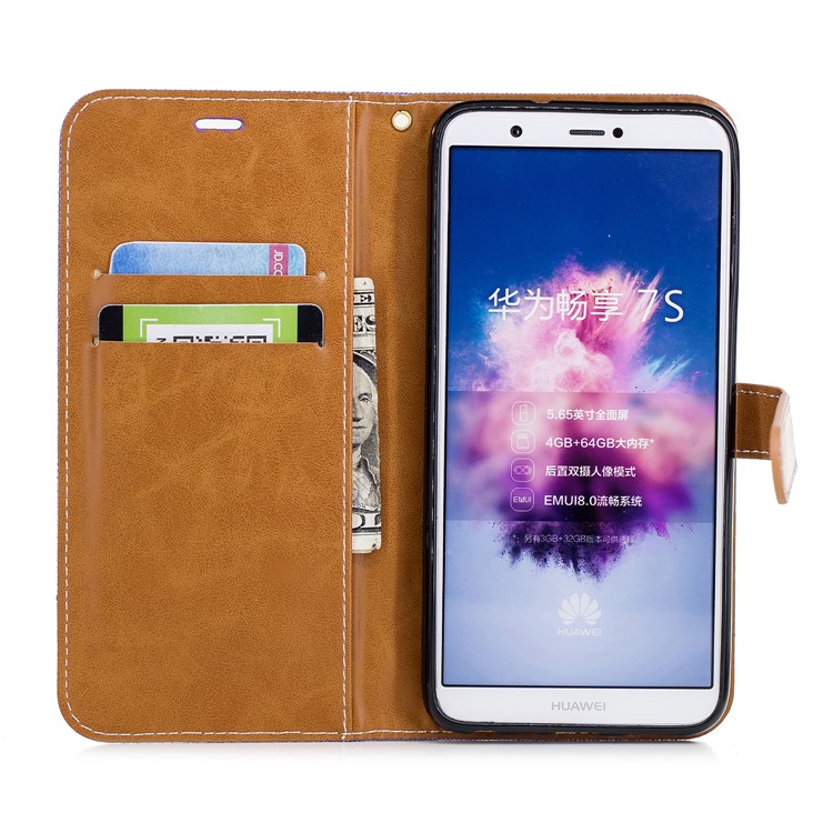 Jeans Cloth Texture Wallet Stand Leather Cover Case for Huawei P Smart / Enjoy 7S - Purple-10