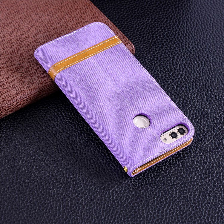Jeans Cloth Texture Wallet Stand Leather Cover Case for Huawei P Smart / Enjoy 7S - Purple-3
