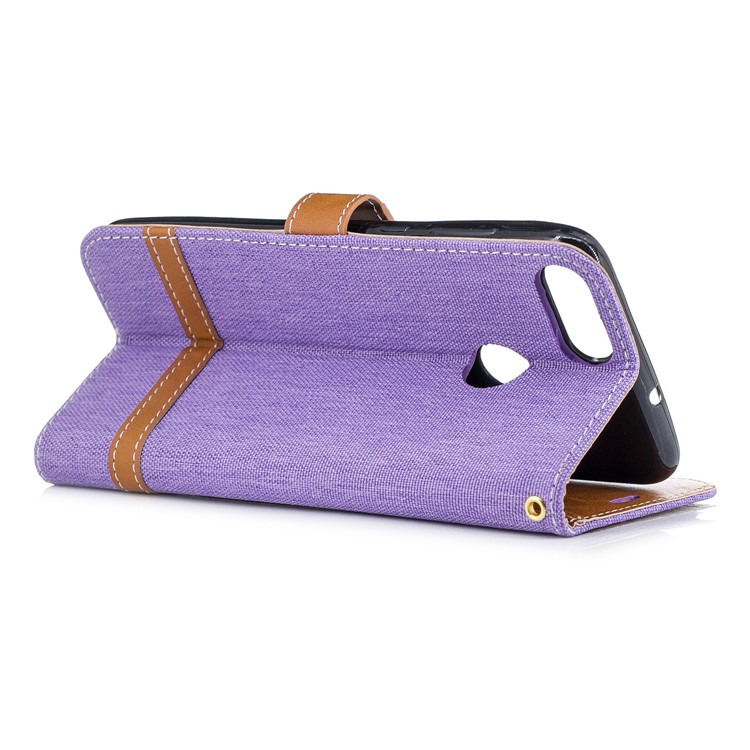 Jeans Cloth Texture Wallet Stand Leather Cover Case for Huawei P Smart / Enjoy 7S - Purple-6