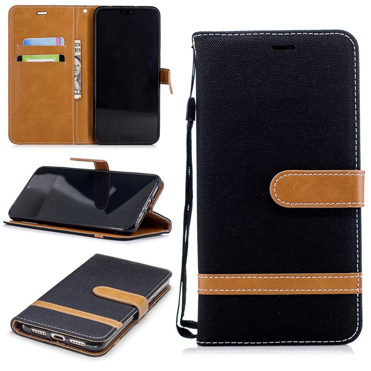 Jeans Cloth Texture Wallet Stand Leather Phone Case for Huawei P20 Pro - Black-1