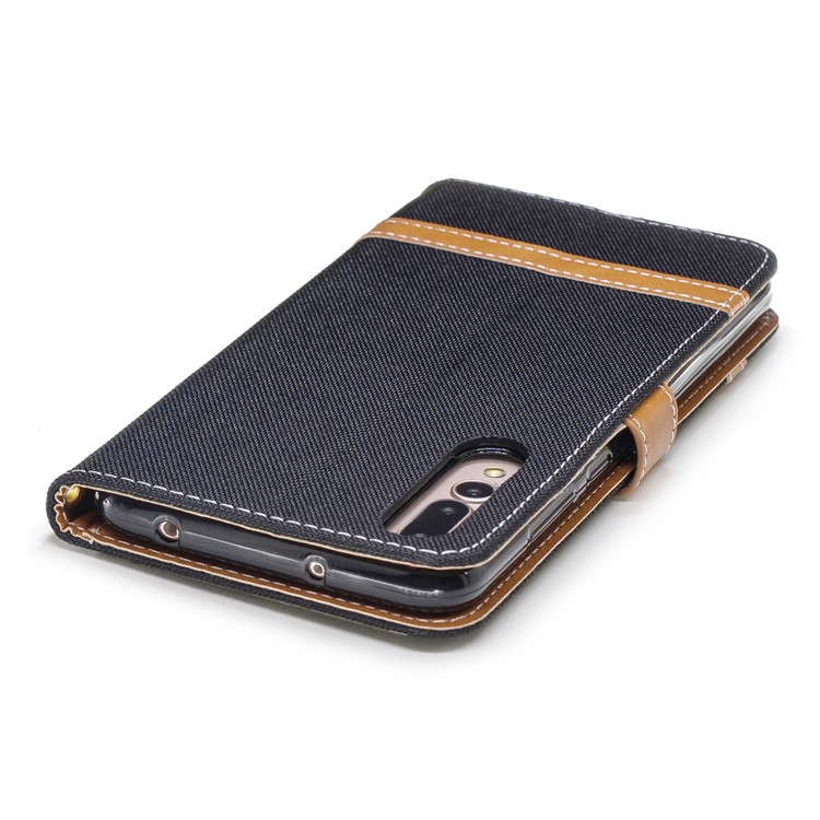 Jeans Cloth Texture Wallet Stand Leather Phone Case for Huawei P20 Pro - Black-9