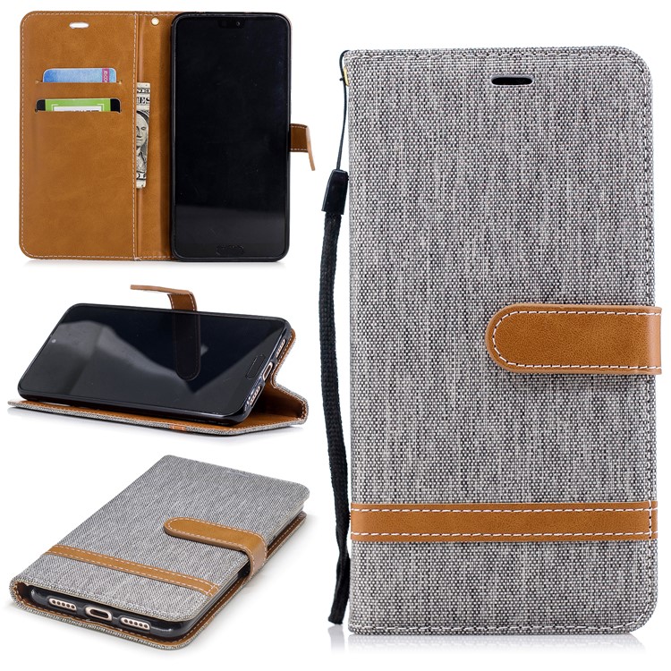 Jeans Cloth Texture Wallet Stand Leather Phone Cover for Huawei P20 Pro - Grey-1