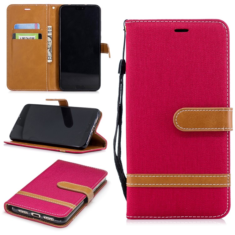 Jeans Cloth Texture Wallet Stand Leather Phone Shell for Huawei P20 Pro - Red-1