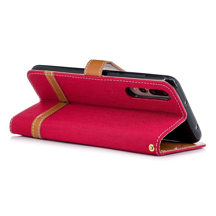 Jeans Cloth Texture Wallet Stand Leather Phone Shell for Huawei P20 Pro - Red-6