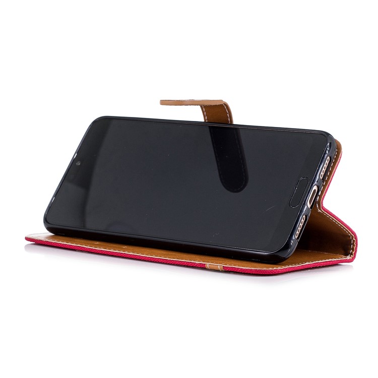 Jeans Cloth Texture Wallet Stand Leather Phone Shell for Huawei P20 Pro - Red-7
