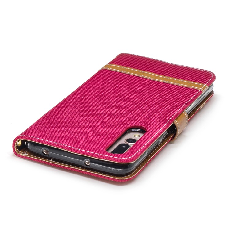 Jeans Cloth Texture Wallet Stand Leather Phone Shell for Huawei P20 Pro - Red-9