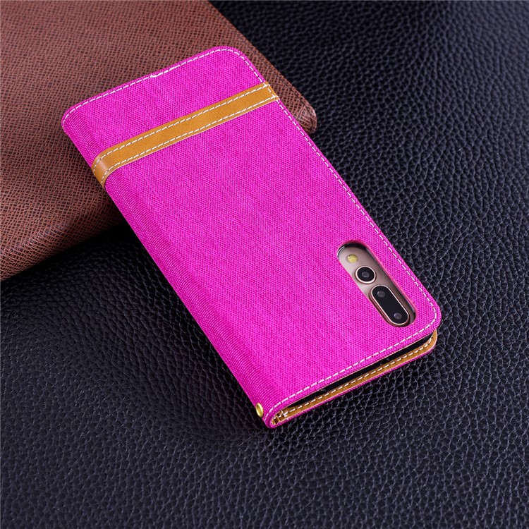 Jeans Cloth Texture Wallet Stand Leather Mobile Case for Huawei P20 Pro - Rose-3