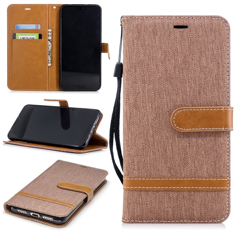 Jeans Cloth Texture Wallet Stand Leather Mobile Cover for Huawei P20 Pro - Khaki-1