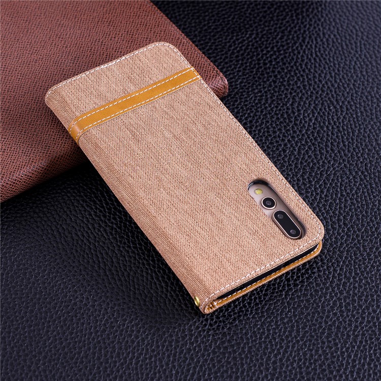 Jeans Cloth Texture Wallet Stand Leather Mobile Cover for Huawei P20 Pro - Khaki-3
