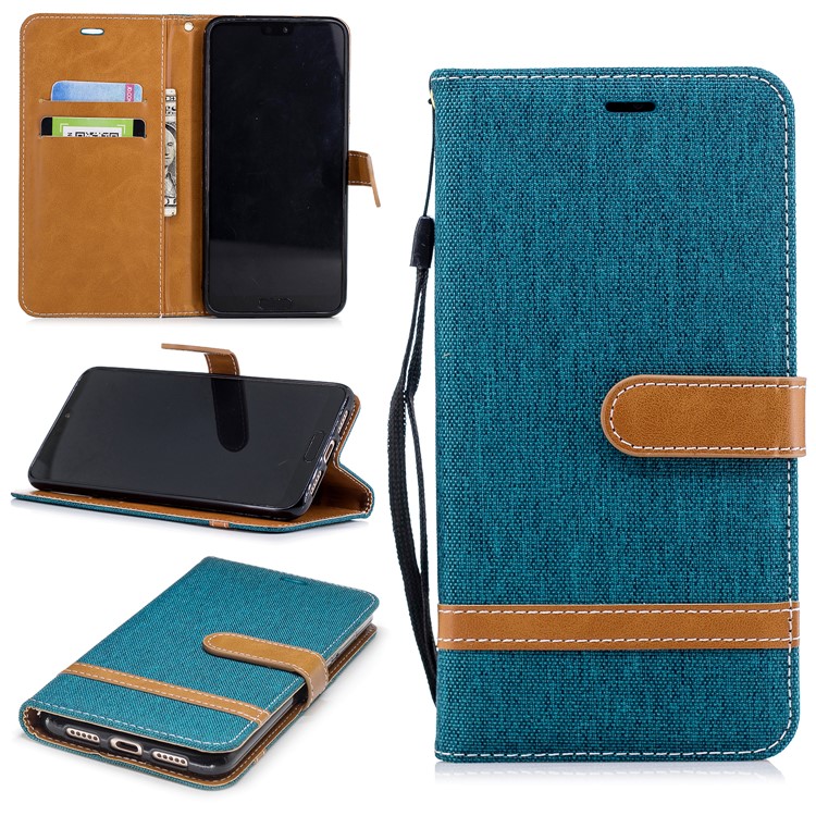Jeans Cloth Texture Wallet Stand Leather Cellphone Case for Huawei P20 Pro - Green-1