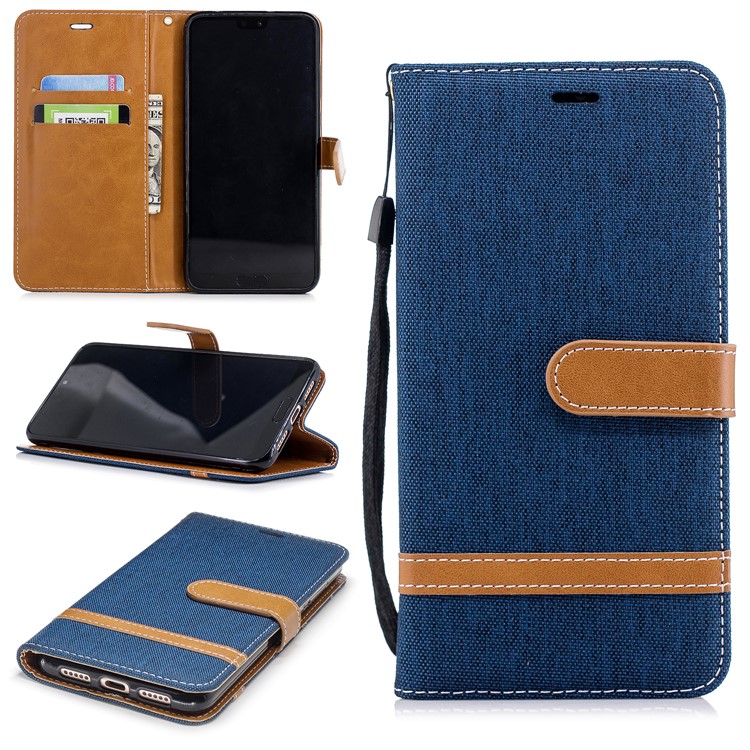 Jeans Cloth Texture Wallet Stand Leather Protector Case for Huawei P20 Pro - Dark Blue-1
