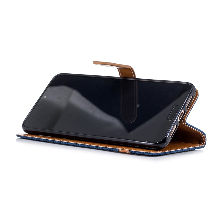 Jeans Cloth Texture Wallet Stand Leather Protector Case for Huawei P20 Pro - Dark Blue-7