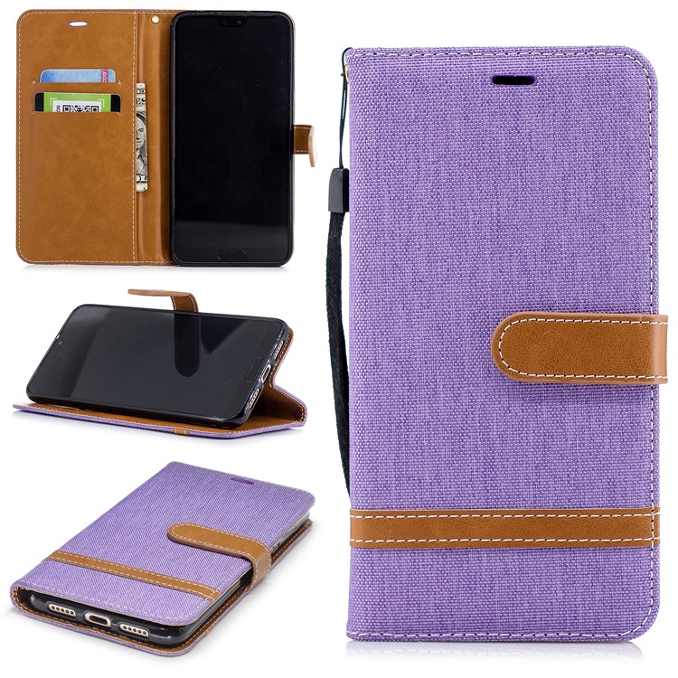 Jeans Cloth Texture Wallet Stand Leather Mobile Casing for Huawei P20 Pro - Purple-1