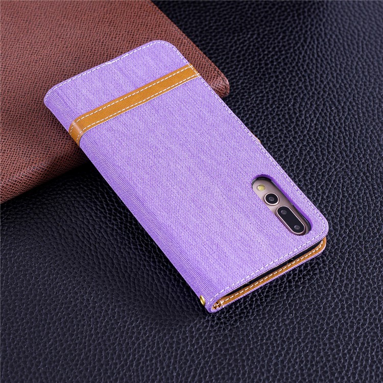 Jeans Cloth Texture Wallet Stand Leather Mobile Casing for Huawei P20 Pro - Purple-3