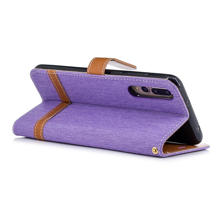 Jeans Cloth Texture Wallet Stand Leather Mobile Casing for Huawei P20 Pro - Purple-6