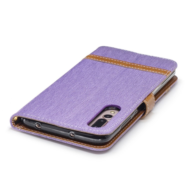 Jeans Cloth Texture Wallet Stand Leather Mobile Casing for Huawei P20 Pro - Purple-9